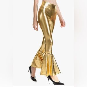 Woman’s flare golden ruffle wide hem party pants! Stretchy and FUN! Worn once